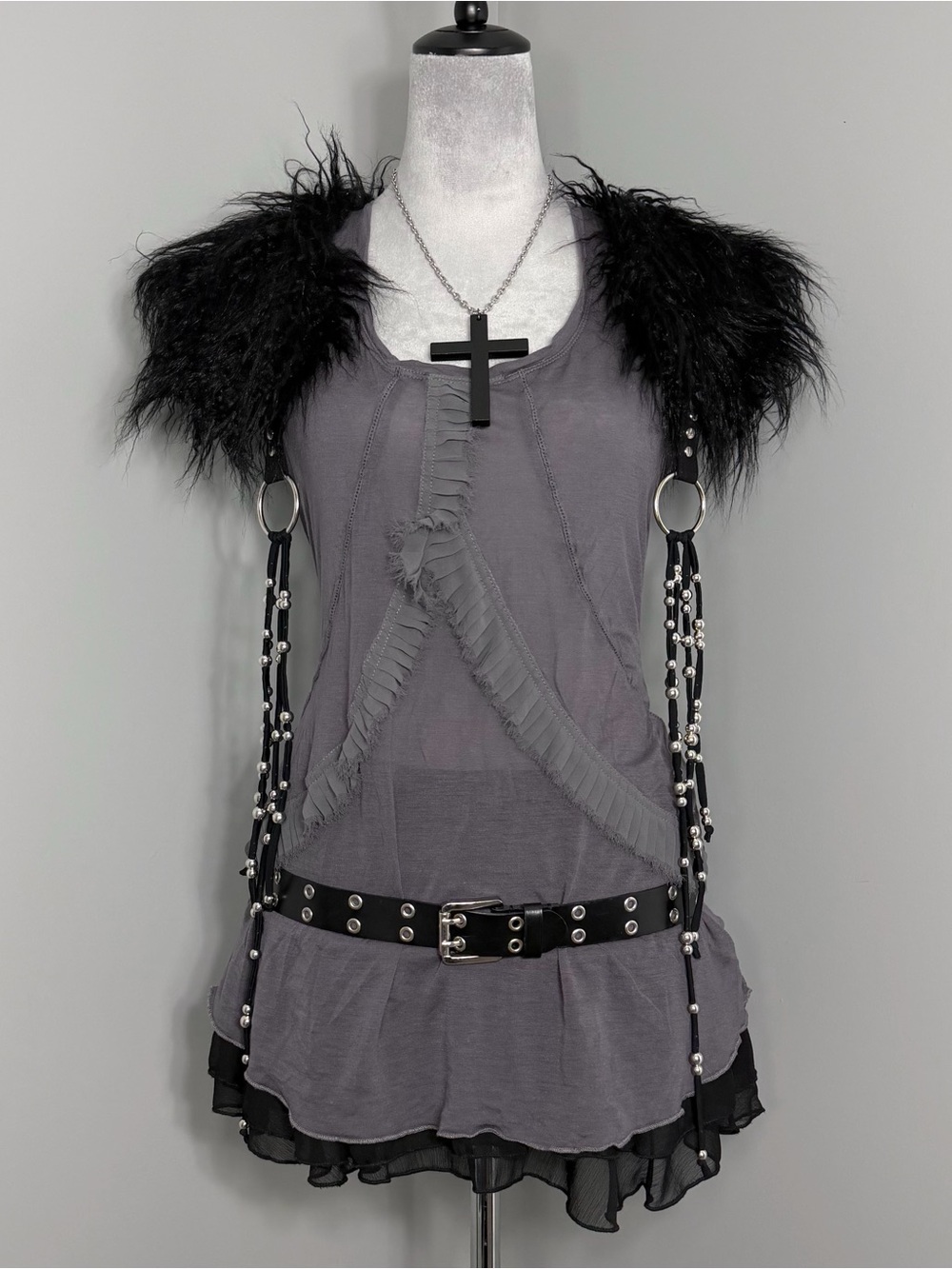 Avant Garde Style Mono Reno Grey Ruffle Front Racerback Tank Top